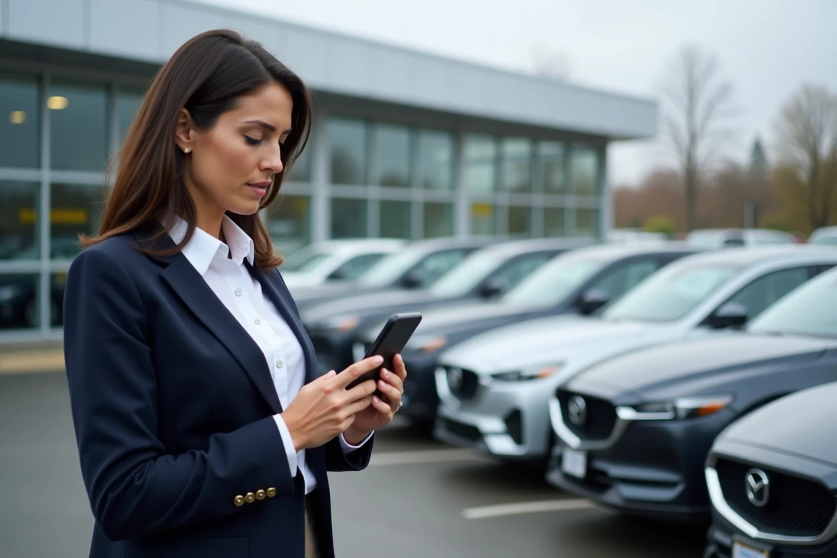 Femme comparant des annonces de voitures d'occasion sur smartphone dans un parking de concessionnaire automobile