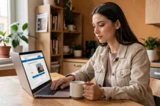Jeune femme comparant des offres d'assurance scooter électrique sur un ordinateur portable dans un appartement moderne
