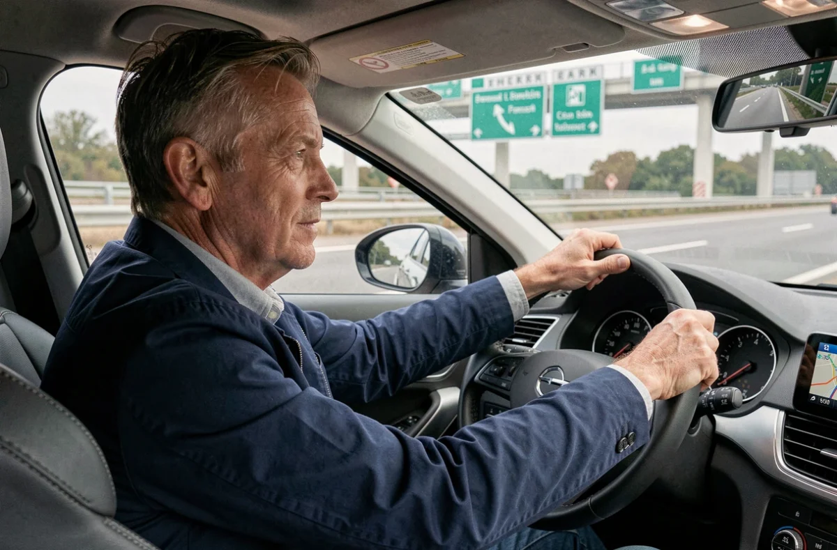 Conducteur sur autoroute française regardant un panneau de péage, illustration du changement de tarification autoroutière en 2026