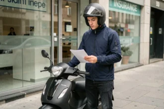 Jeune conducteur de scooter 50cc devant une agence d'assurance tenant un contrat d'assurance tous risques