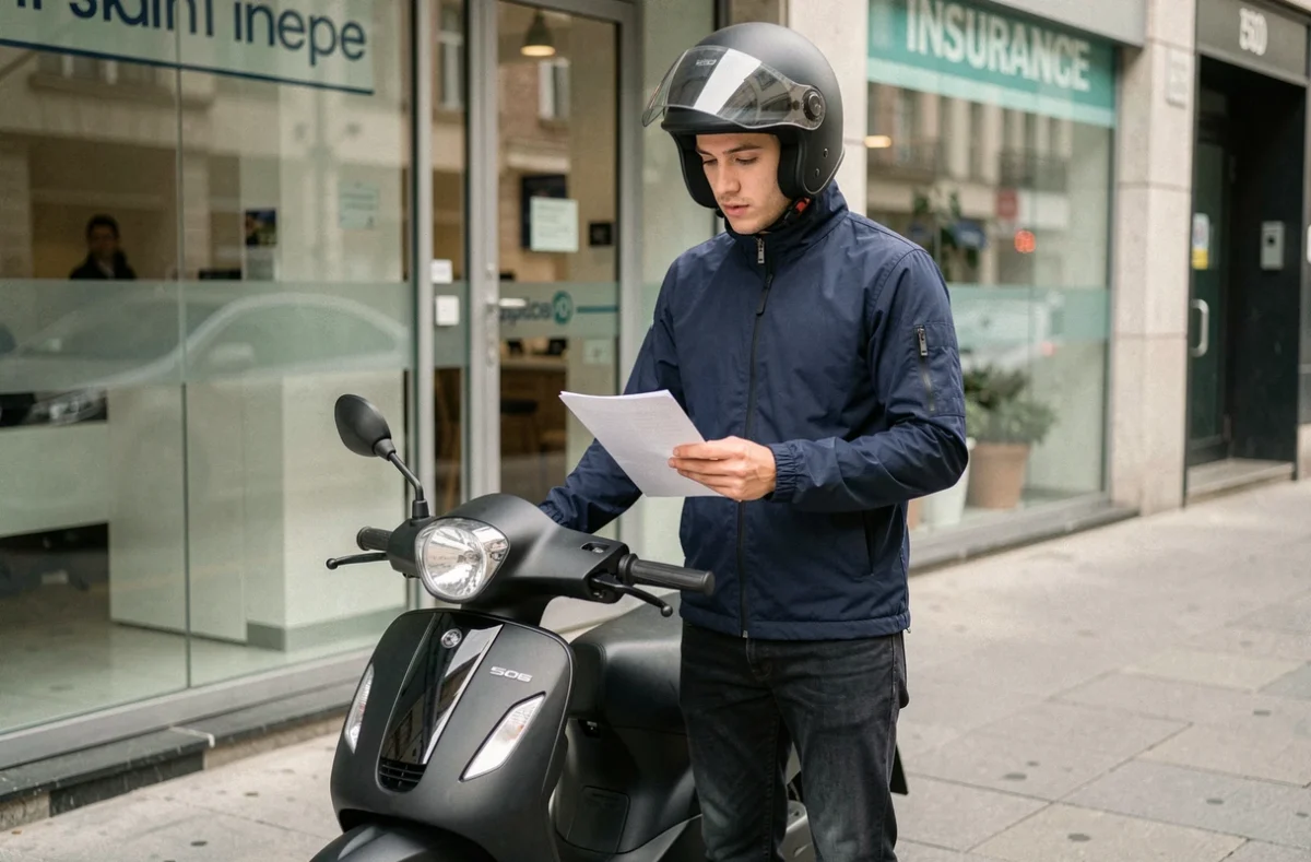 Jeune conducteur de scooter 50cc devant une agence d'assurance tenant un contrat d'assurance tous risques