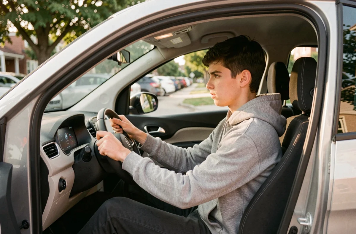 Adolescent au volant d'une voiture sans permis électrique dans un quartier résidentiel