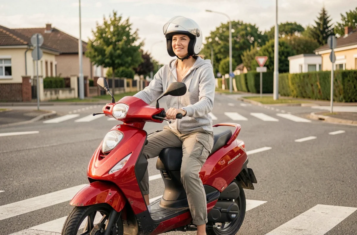Femme assise sur un scooter 125cc rouge à une intersection, représentant l'assurance deux-roues au quotidien