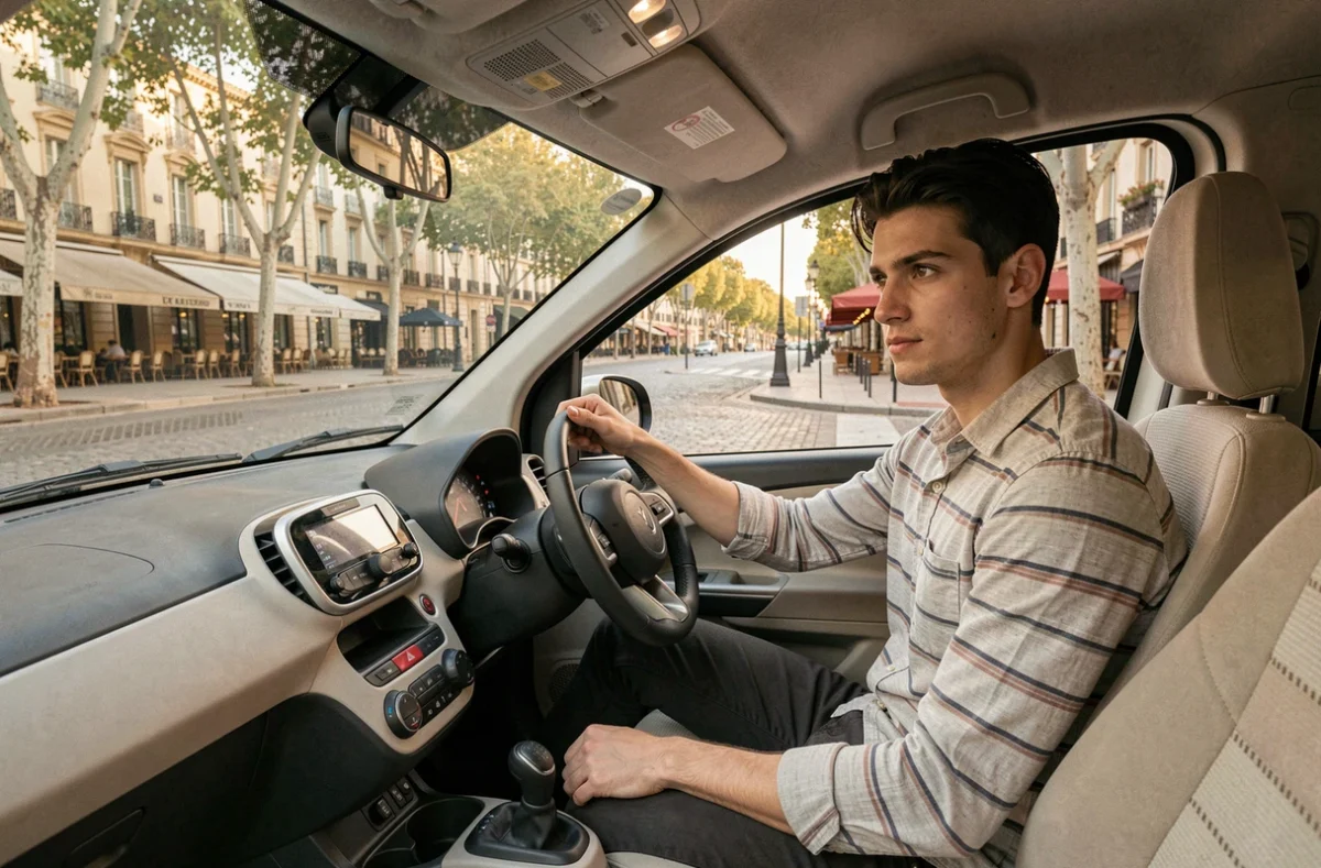 Jeune homme conduisant une voiture sans permis électrique sur le Cours Mirabeau à Aix-en-Provence