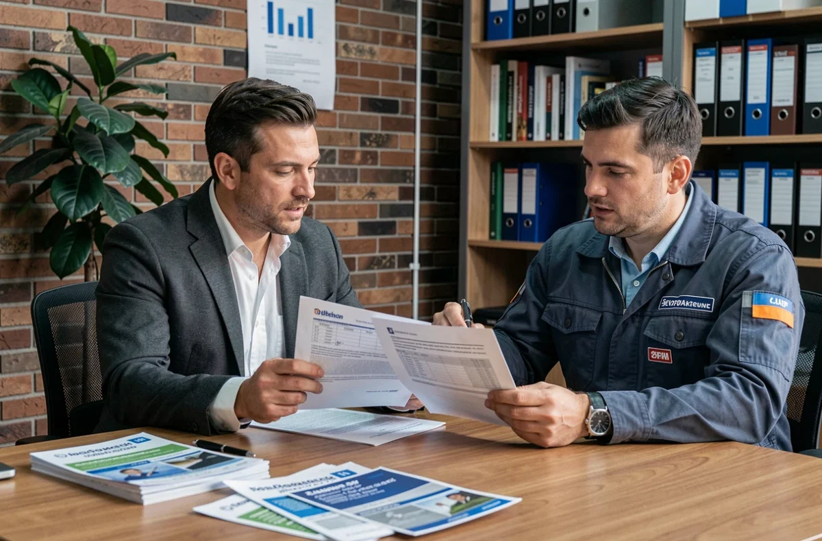 Conseiller en assurance présentant un contrat d'assurance auto professionnelle à un artisan plombier dans un bureau