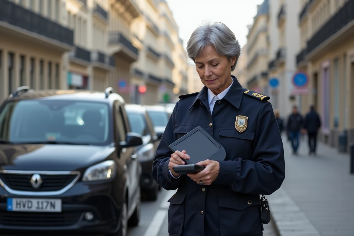 Contractuelle verbalisatrice notant une infraction liée à une plaque d'immatriculation non conforme sur un trottoir parisien