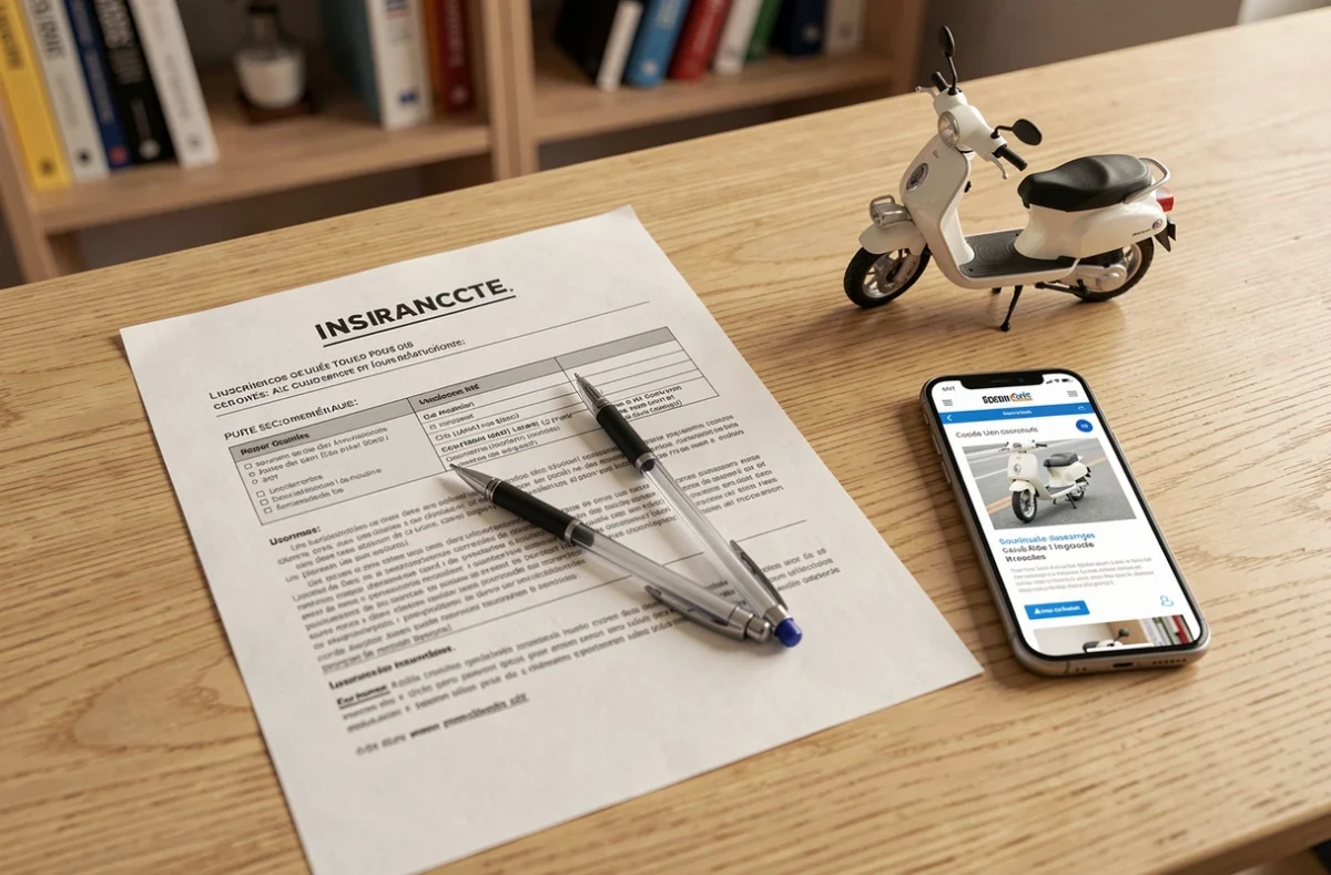Document de contrat d'assurance tous risques pour scooter 50cc posé sur un bureau avec comparateur en ligne