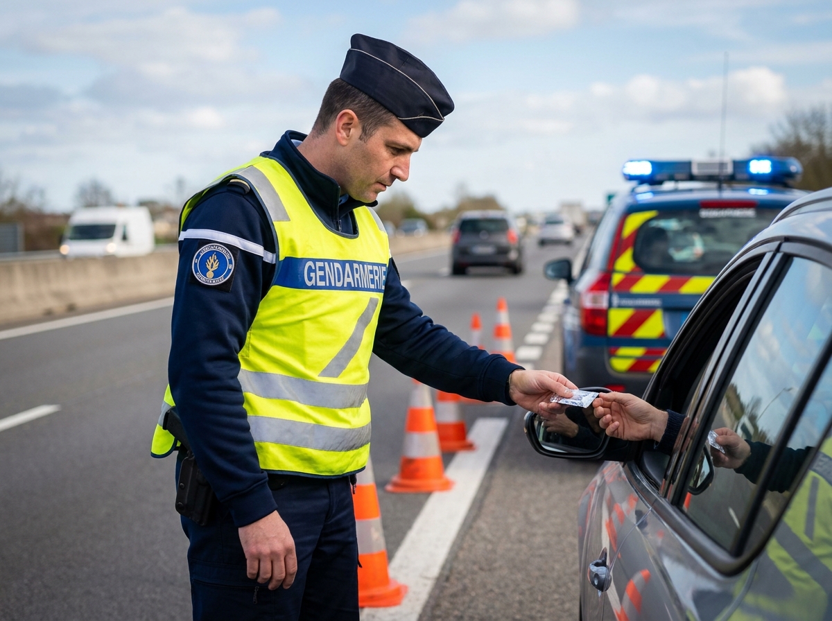 Gendarme français vérifiant la présence d'un éthylotest lors d'un contrôle routier sur autoroute