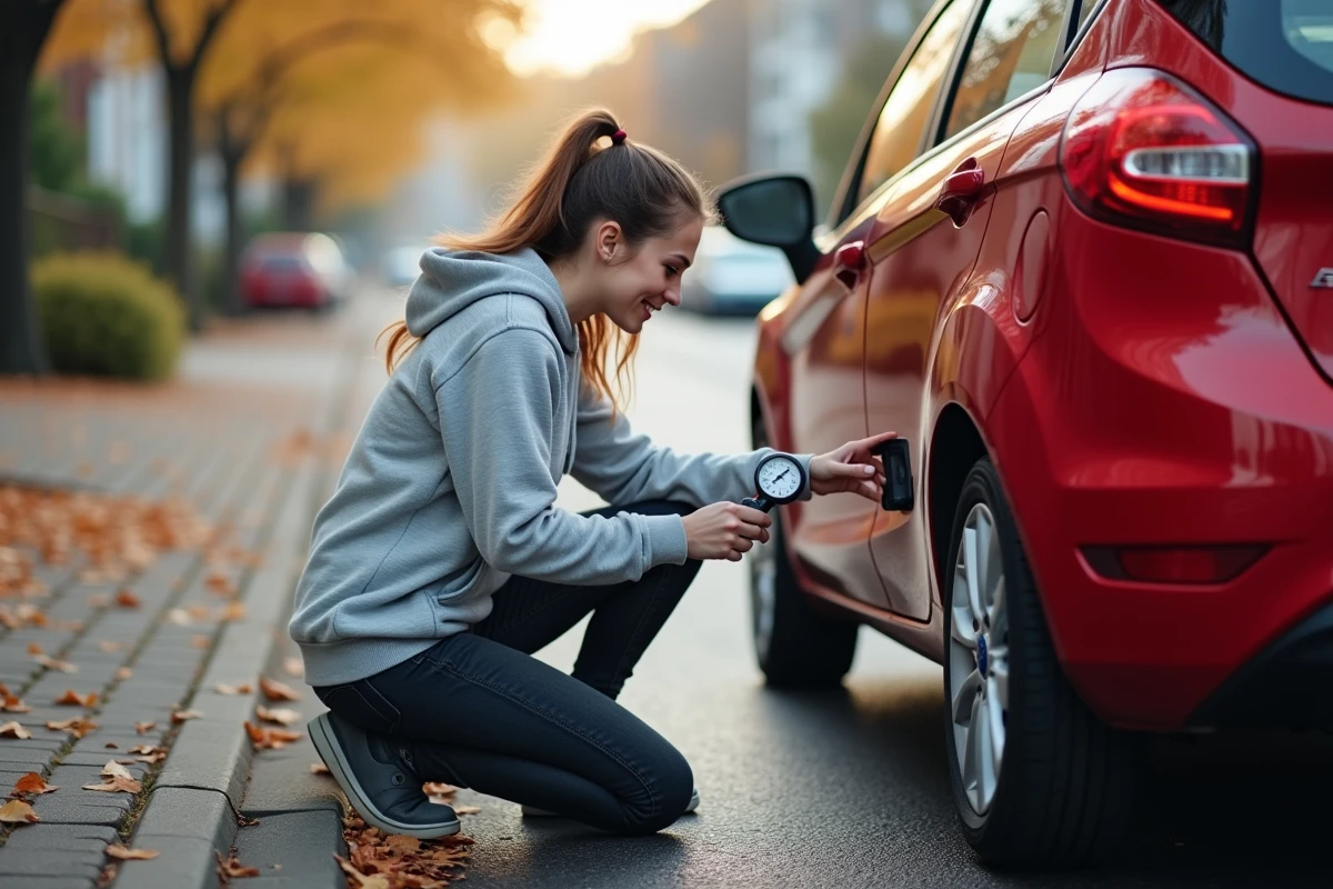 Femme vérifiant la pression d'un pneu arrière de Ford Fiesta rouge dans une rue résidentielle avec un manomètre