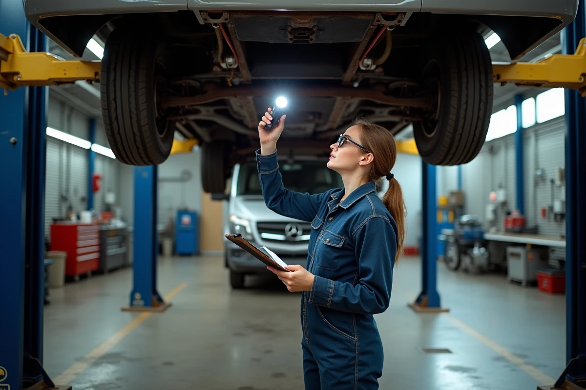 Mécanicienne inspectant le dessous d'un camping-car poids lourd occasion dans un atelier de contrôle technique