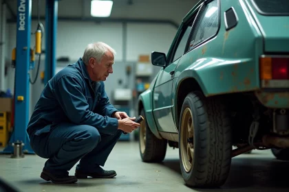 Mécanicien inspectant le dessous d'une voiture de rallye d'occasion lors d'un contrôle technique en garage automobile