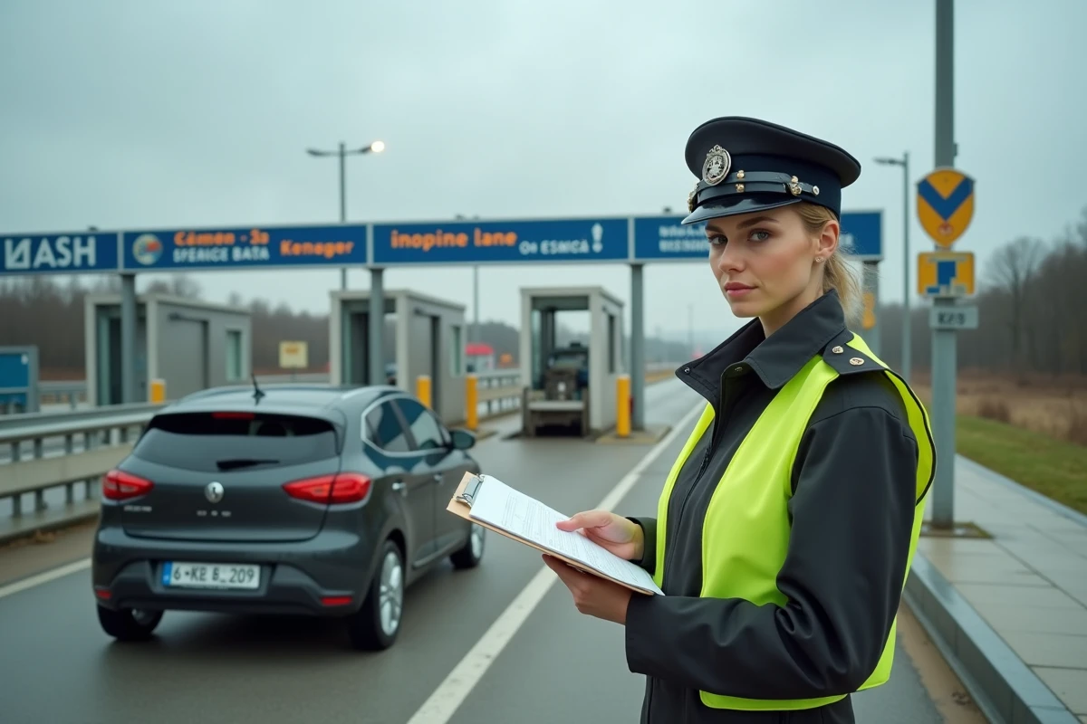 Agente administrative en gilet jaune contrôlant un véhicule ukrainien à un poste frontière européen avec documents officiels