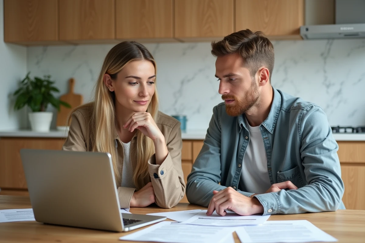 Couple examinant les documents et garanties d'une assurance auto pour voiture électrique sur leur ordinateur portable à la maison