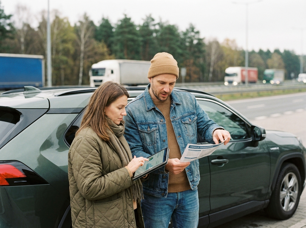 Couple comparant des offres de SUV hybrides sur tablette et document papier à une aire d'autoroute
