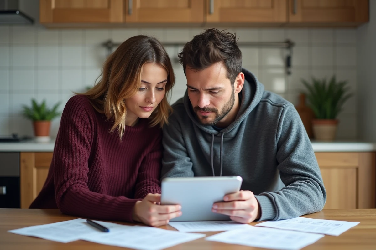 Couple étudiant la fiche Wikipédia de la Peugeot 208 sur une tablette pour préparer leur achat automobile en 2026