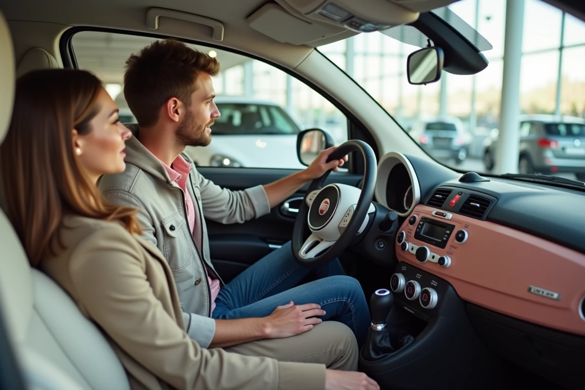 Jeune couple à l’intérieur d’une Fiat 500 dans un showroom