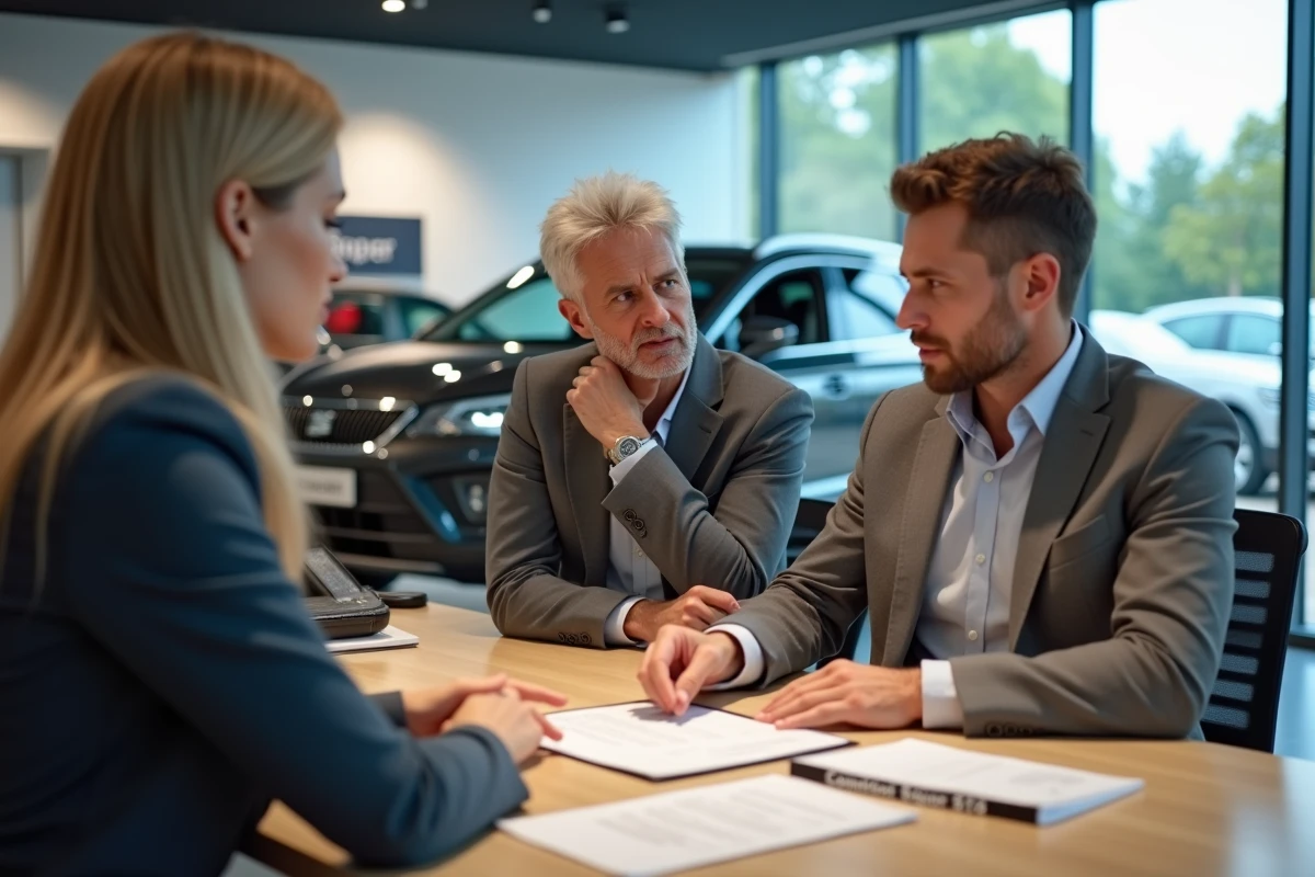 Couple lisant attentivement un contrat de vente automobile avec un vendeur dans une concession Seat