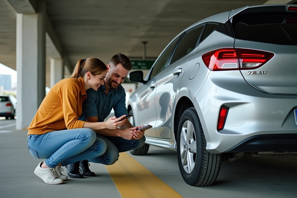 Couple vérifiant l'état des pneus d'une voiture avec un rapport de contrôle sur smartphone dans un parking urbain