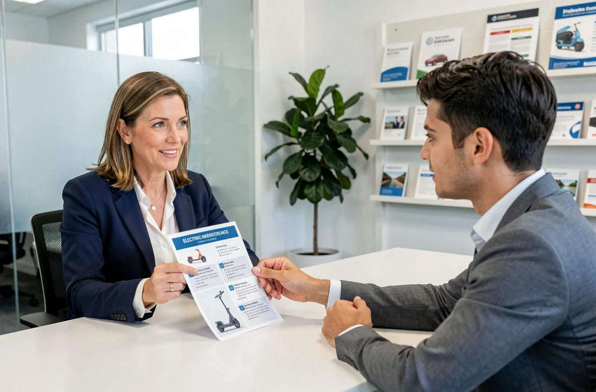 Courtière en assurance présentant un comparatif de contrats d'assurance scooter électrique à un client en agence