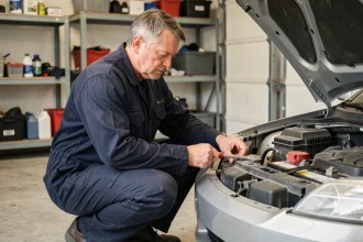 Mécanicien débranchant la borne négative d'une batterie de voiture dans un garage particulier
