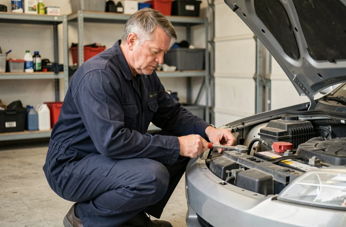 Mécanicien débranchant la borne négative d'une batterie de voiture dans un garage particulier