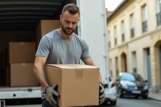 Homme chargeant des cartons dans un camion de déménagement de location Super U devant un immeuble résidentiel
