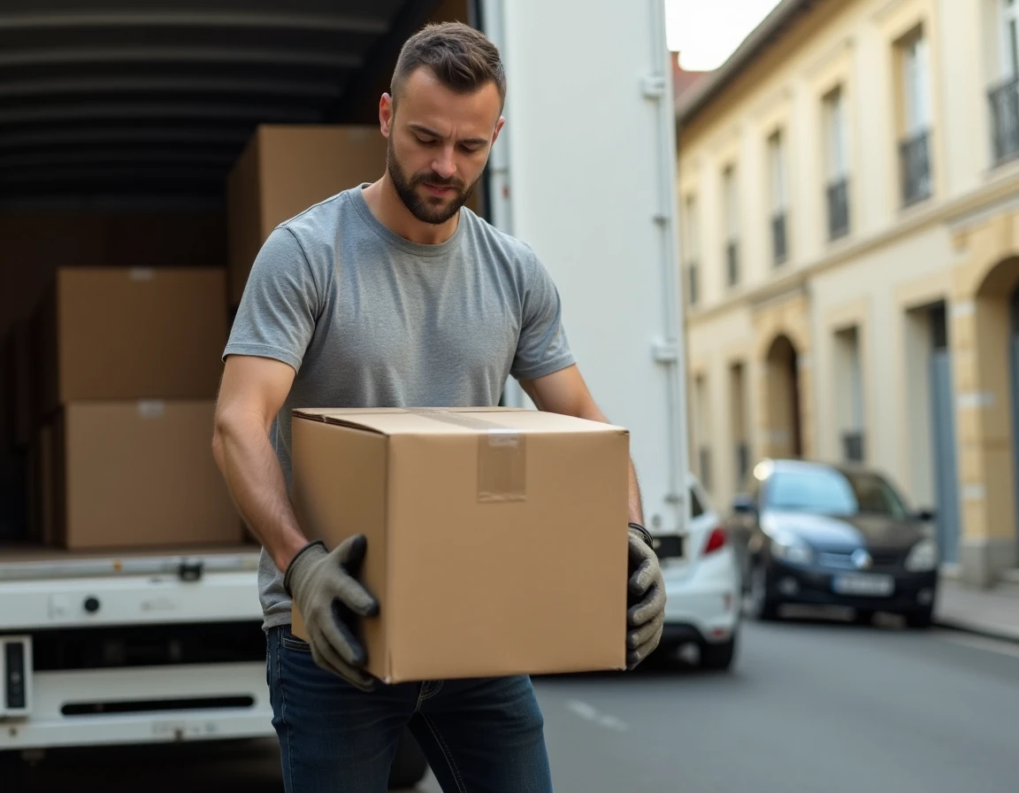 Homme chargeant des cartons dans un camion de déménagement de location Super U devant un immeuble résidentiel