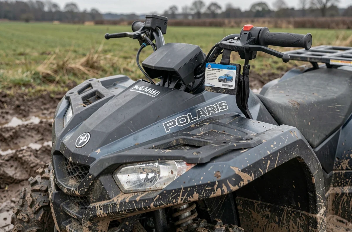 Gros plan sur un quad Polaris tout-terrain avec carte d'assurance glissée sous le guidon