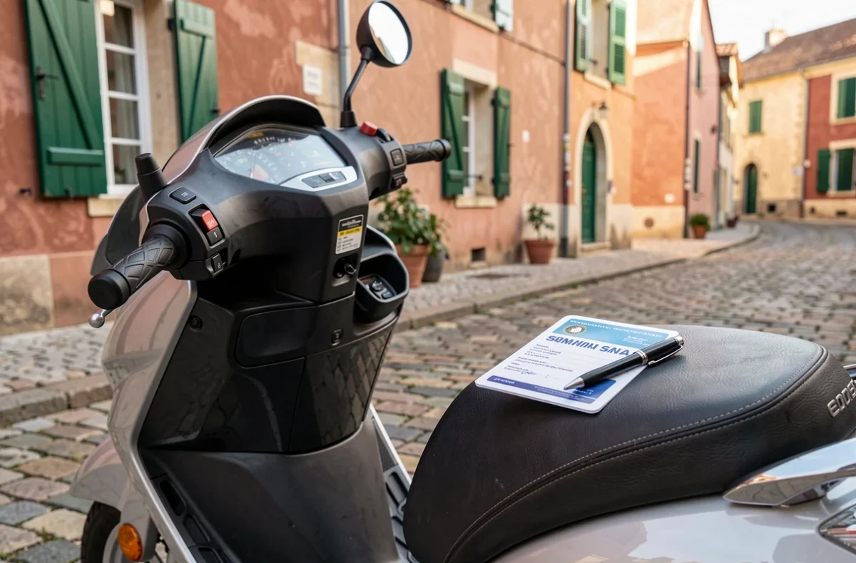 Gros plan sur un scooter 300cc avec carte verte d'assurance posée sur la selle en rue pavée
