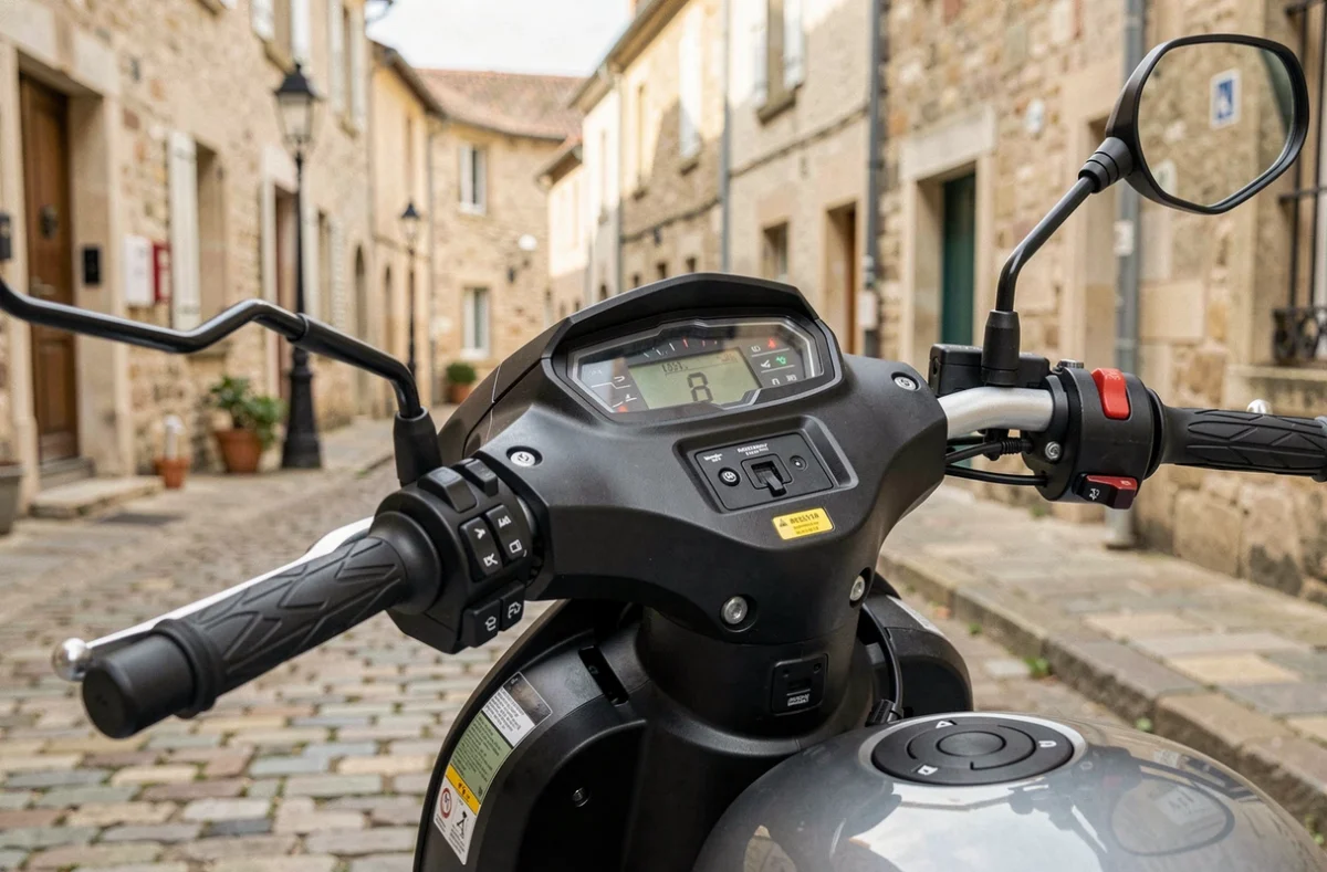 Gros plan sur le tableau de bord et port de charge d'une moto 125 électrique garée sur des pavés, détail technique moto électrique