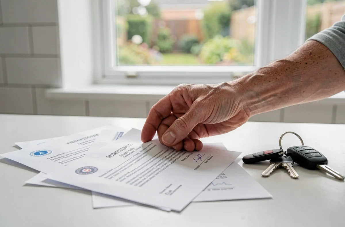 Mains posant deux attestations d'assurance auto sur une table blanche avec des clés de voiture à côté