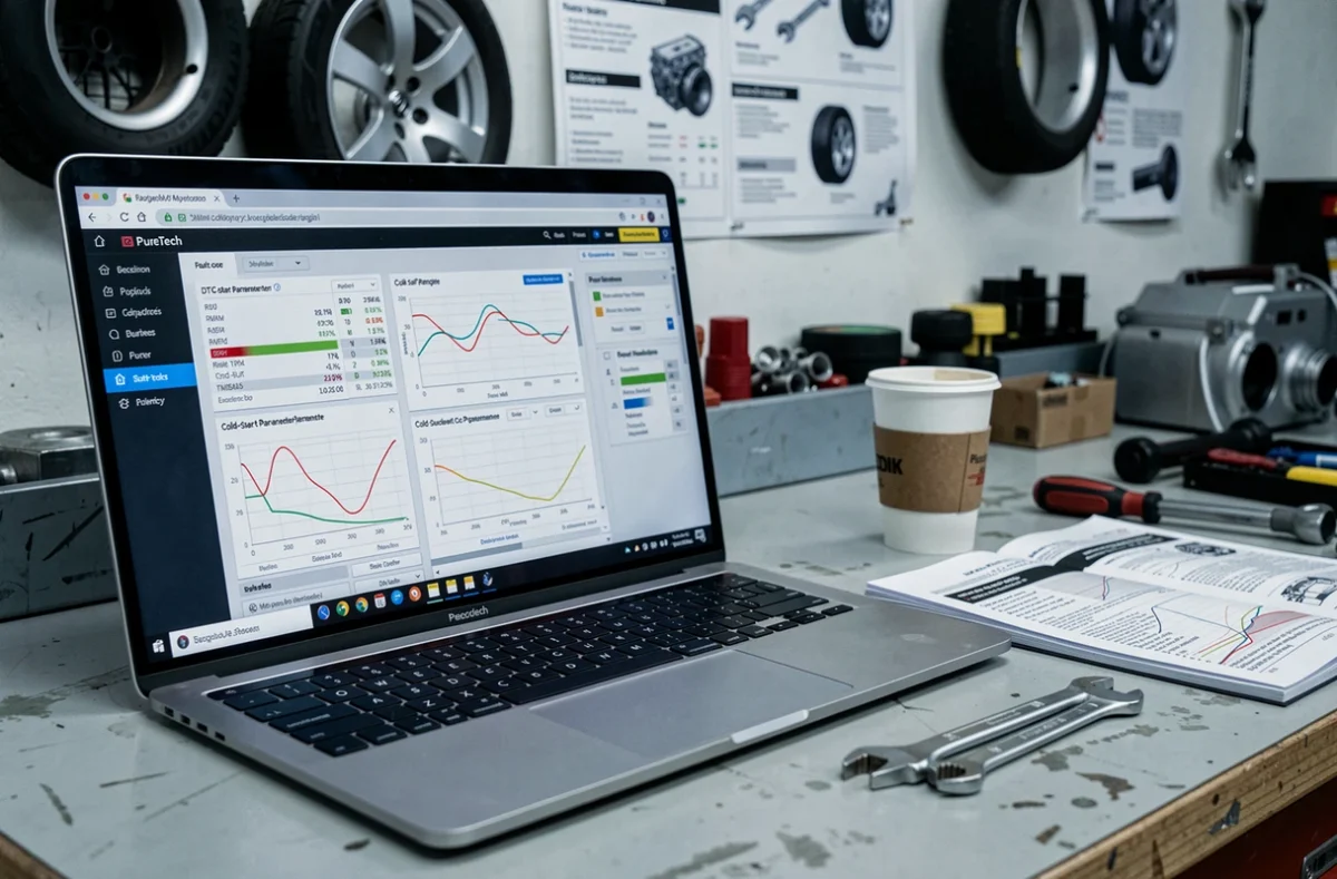 Écran de diagnostic affichant les codes d'erreur d'un moteur Peugeot 1.2 PureTech 130 avec problème à froid
