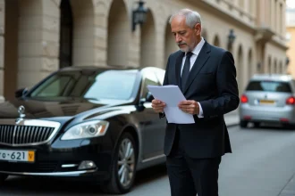Diplomate en costume près d'une voiture diplomatique