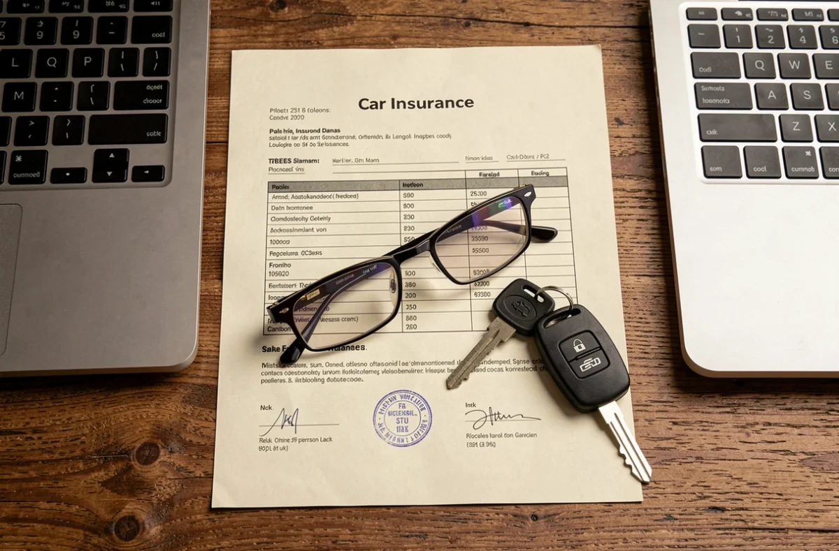Document d'assurance auto posé sur un bureau avec des clés de voiture, symbolisant l'obligation légale d'assurance vehicule