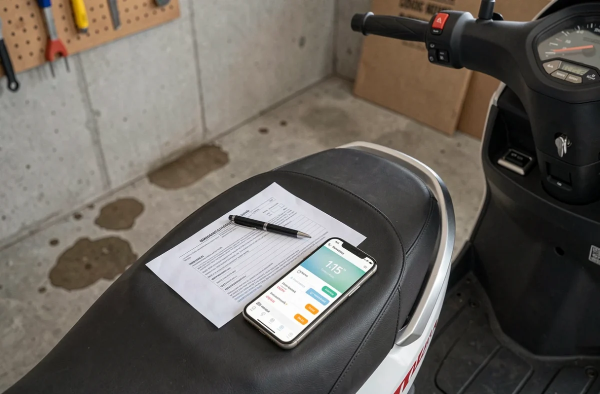 Document d'assurance scooter 125cc posé sur la selle avec comparateur de prix affiché sur smartphone