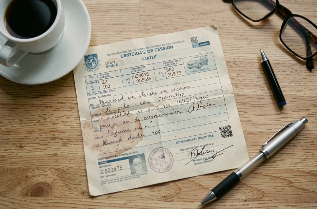 Vue aérienne de documents administratifs pour changer le nom sur une carte grise incluant un certificat de cession ancien