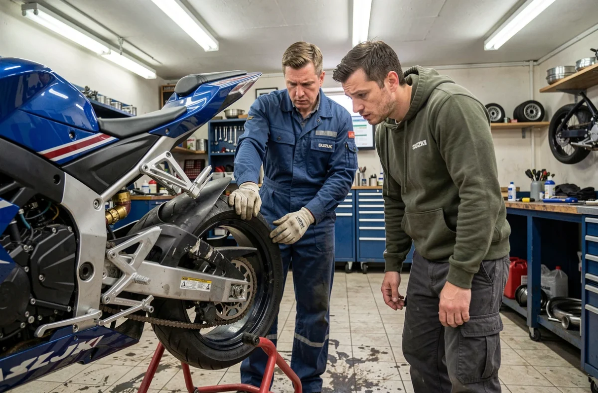 Mécanicien montrant des dommages cachés sur le cadre d'une Suzuki GSX-R à un acheteur potentiel