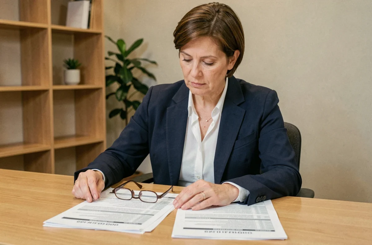 Femme consultant deux contrats d'assurance auto posés côte à côte sur un bureau en bois