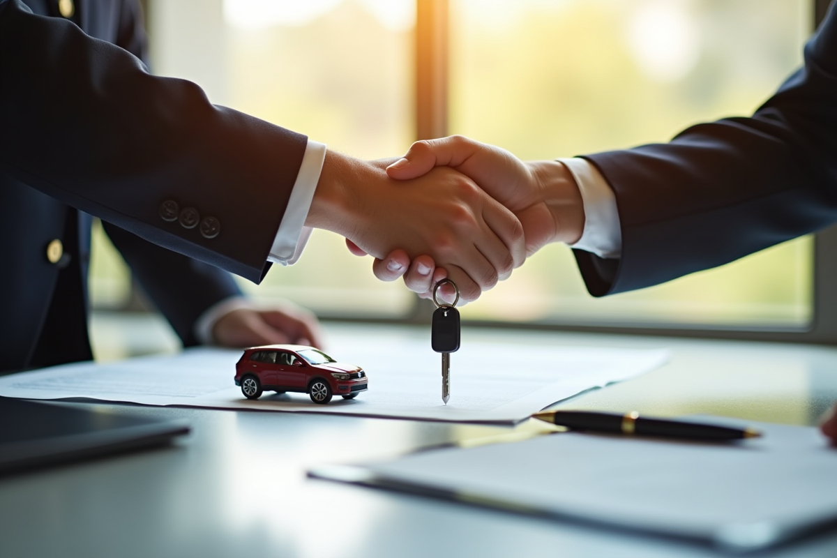 Main échangeant clés de voiture et contrat sur bureau moderne