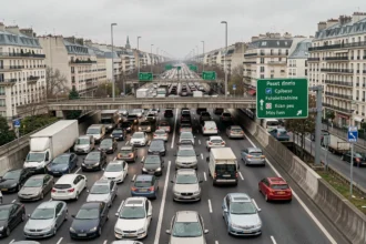 Embouteillage dense sur le périphérique parisien vu depuis un pont autoroutier en Île-de-France