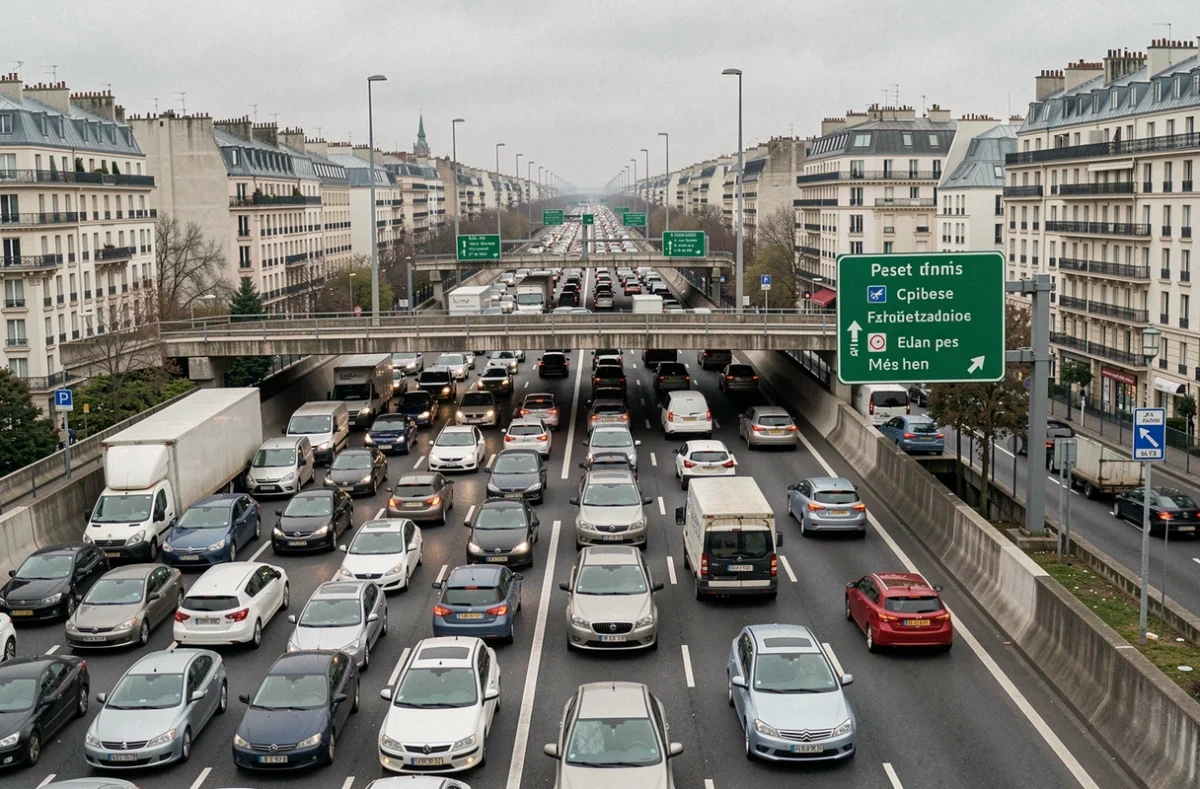Embouteillage dense sur le périphérique parisien vu depuis un pont autoroutier en Île-de-France