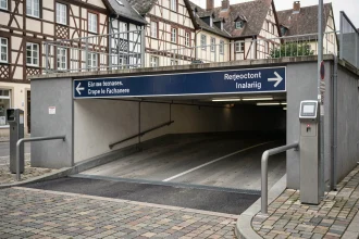 Entrée véhicule du parking Rapp à Colmar avec barrière automatique et signalétique directionnelle en français