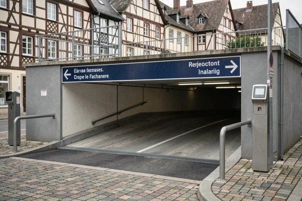 Entrée véhicule du parking Rapp à Colmar avec barrière automatique et signalétique directionnelle en français