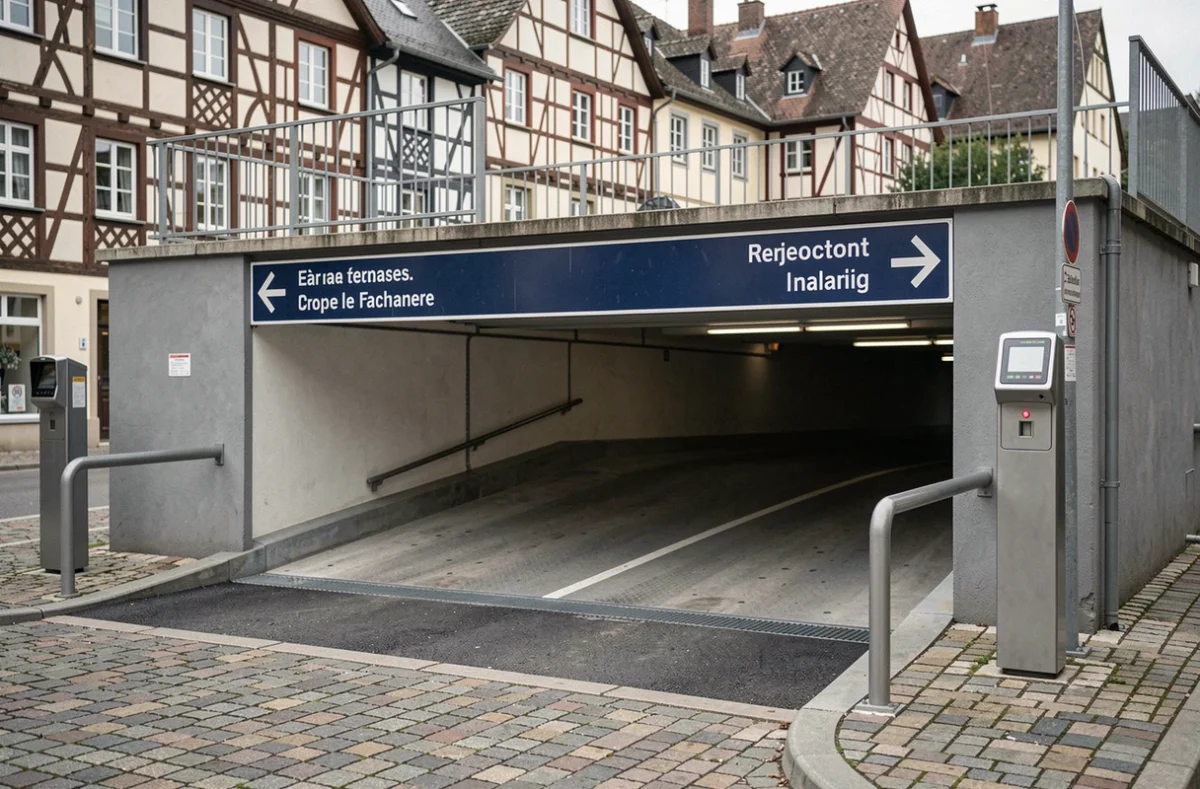 Entrée véhicule du parking Rapp à Colmar avec barrière automatique et signalétique directionnelle en français
