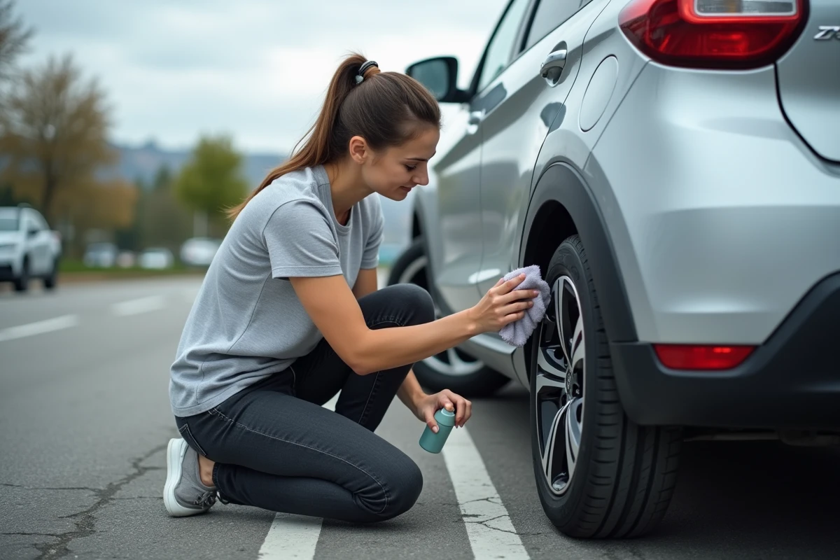 Femme entretenant le film de protection d'une jante de voiture dans un parking urbain