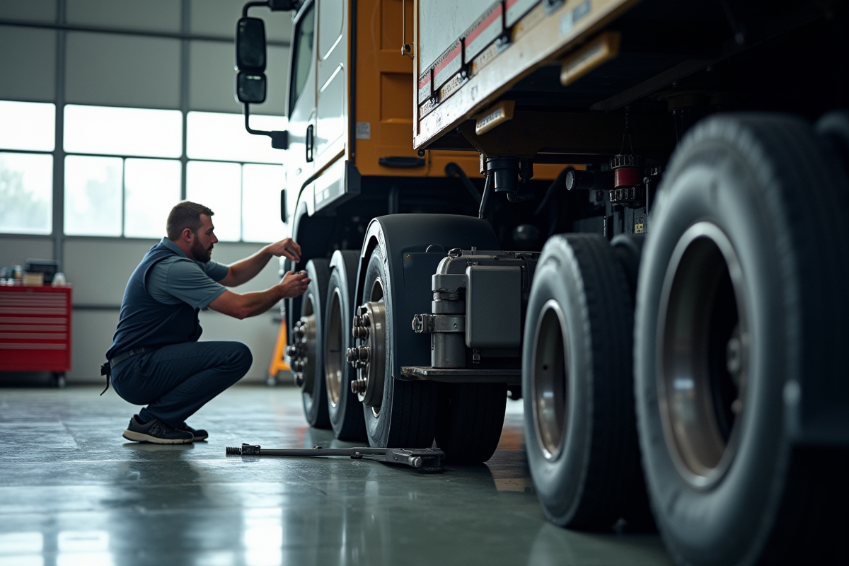 Mecanicien en atelier effectuant maintenance sur un camion lourd