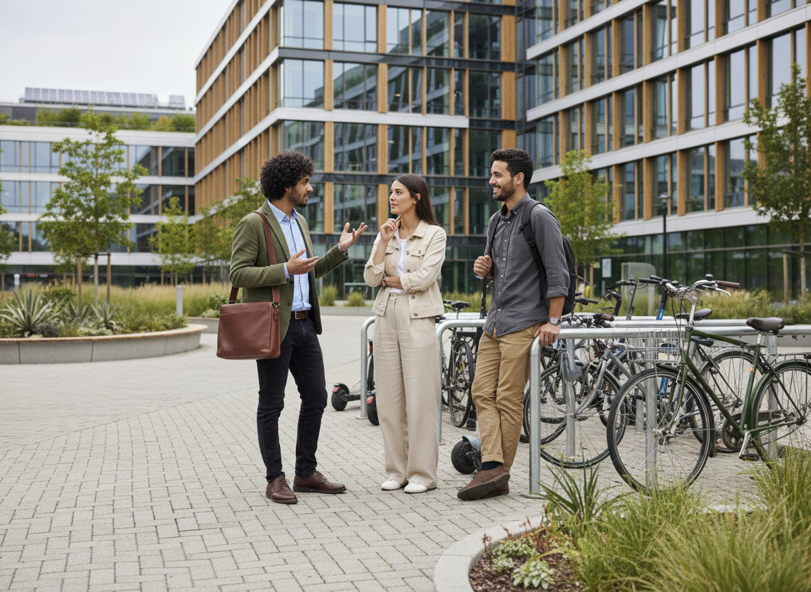 Groupe de jeunes professionnels discutant près de vélos et trottinettes
