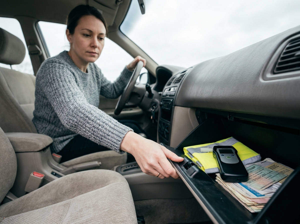 Femme ouvrant la boîte à gants de sa voiture pour vérifier la présence d'un éthylotest obligatoire