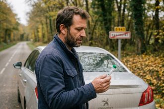Homme tenant un éthylotest à usage unique au bord d'une route française à côté de sa voiture