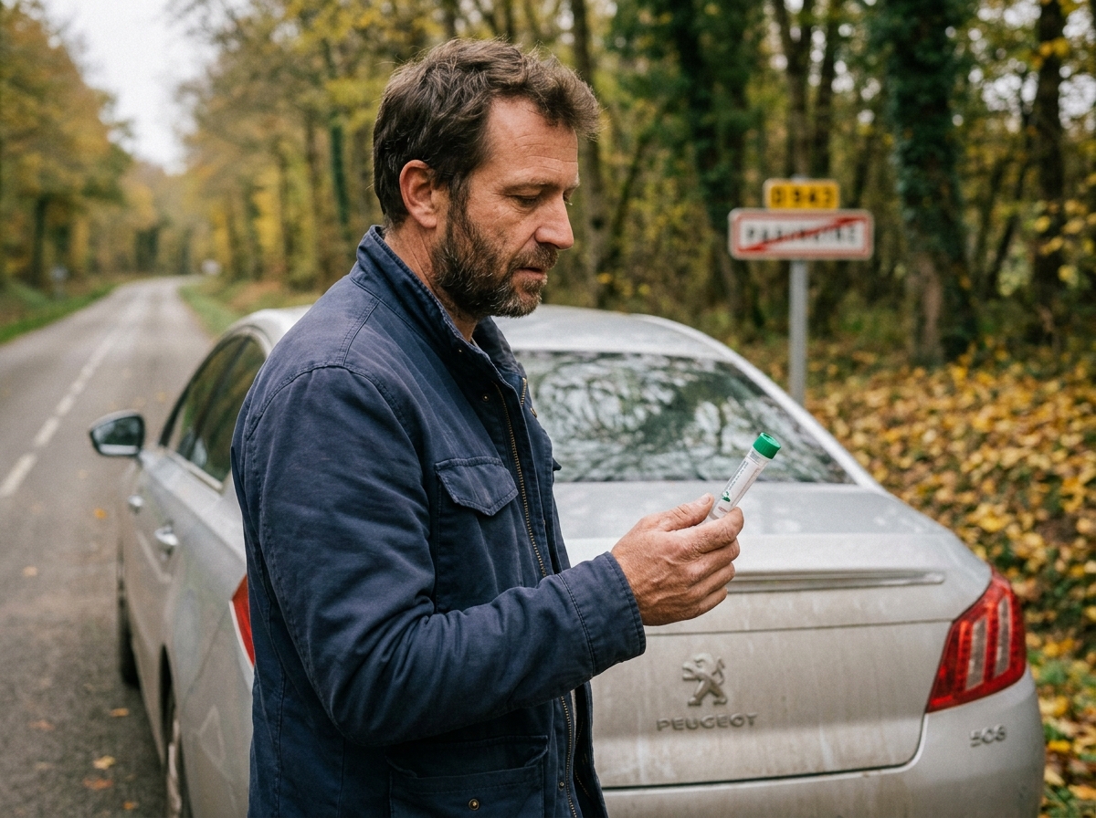 Homme tenant un éthylotest à usage unique au bord d'une route française à côté de sa voiture